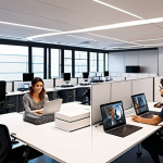 **

A brightly lit, modern office space with flexible, modular furniture being reconfigured by robots. Employees are collaborating in small groups, using AR interfaces projected onto desks. The overall feel is dynamic, productive, and futuristic, emphasizing the seamless integration of AI and human workers. Focus on the concept of flexible workspaces.

**