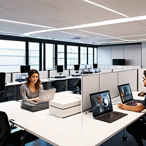 **

A brightly lit, modern office space with flexible, modular furniture being reconfigured by robots. Employees are collaborating in small groups, using AR interfaces projected onto desks. The overall feel is dynamic, productive, and futuristic, emphasizing the seamless integration of AI and human workers. Focus on the concept of flexible workspaces.

**