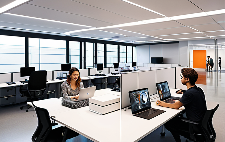 **
A brightly lit, modern office space with flexible, modular furniture being reconfigured by robots. Employees are collaborating in small groups, using AR interfaces projected onto desks. The overall feel is dynamic, productive, and futuristic, emphasizing the seamless integration of AI and human workers. Focus on the concept of flexible workspaces.
**