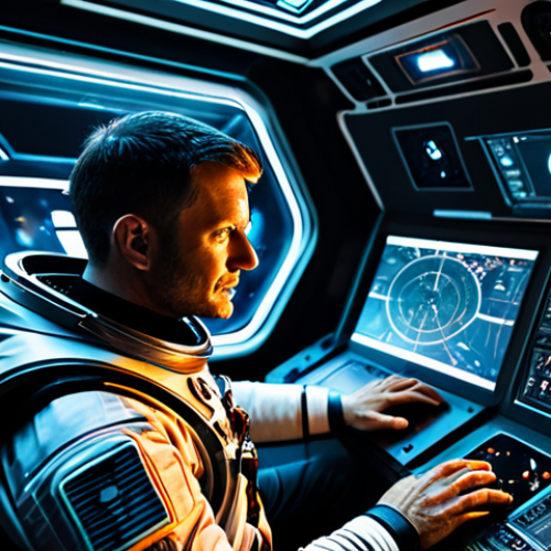 A professional male astronaut in a modern, fully enclosed space suit, inside a futuristic spacecraft cockpit. He is interacting with an advanced holographic AI interface using natural hand gestures. The interface displays clear, intuitive information and responsive visual feedback. The cockpit is sleek, with soft ambient lighting, showcasing cutting-edge technology. The astronaut maintains a focused, professional demeanor. safe for work, appropriate content, fully clothed, professional, perfect anatomy, correct proportions, natural pose, well-formed hands, proper finger count, natural body proportions, high detail, cinematic lighting, ultra clear.