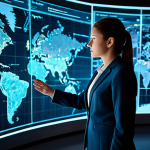 A professional female geospatial analyst, fully clothed in a modest business suit, stands in a futuristic, sleek control room. She is interacting with a large, glowing holographic map displaying complex geospatial data patterns, urban development insights, and predictive models. The background features abstract representations of data streams and advanced computing interfaces. Perfect anatomy, well-formed hands, correct proportions, natural body proportions, professional photography, high quality, safe for work, appropriate content, family-friendly.