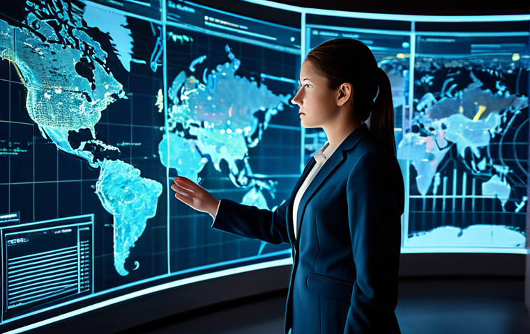 A professional female geospatial analyst, fully clothed in a modest business suit, stands in a futuristic, sleek control room. She is interacting with a large, glowing holographic map displaying complex geospatial data patterns, urban development insights, and predictive models. The background features abstract representations of data streams and advanced computing interfaces. Perfect anatomy, well-formed hands, correct proportions, natural body proportions, professional photography, high quality, safe for work, appropriate content, family-friendly.