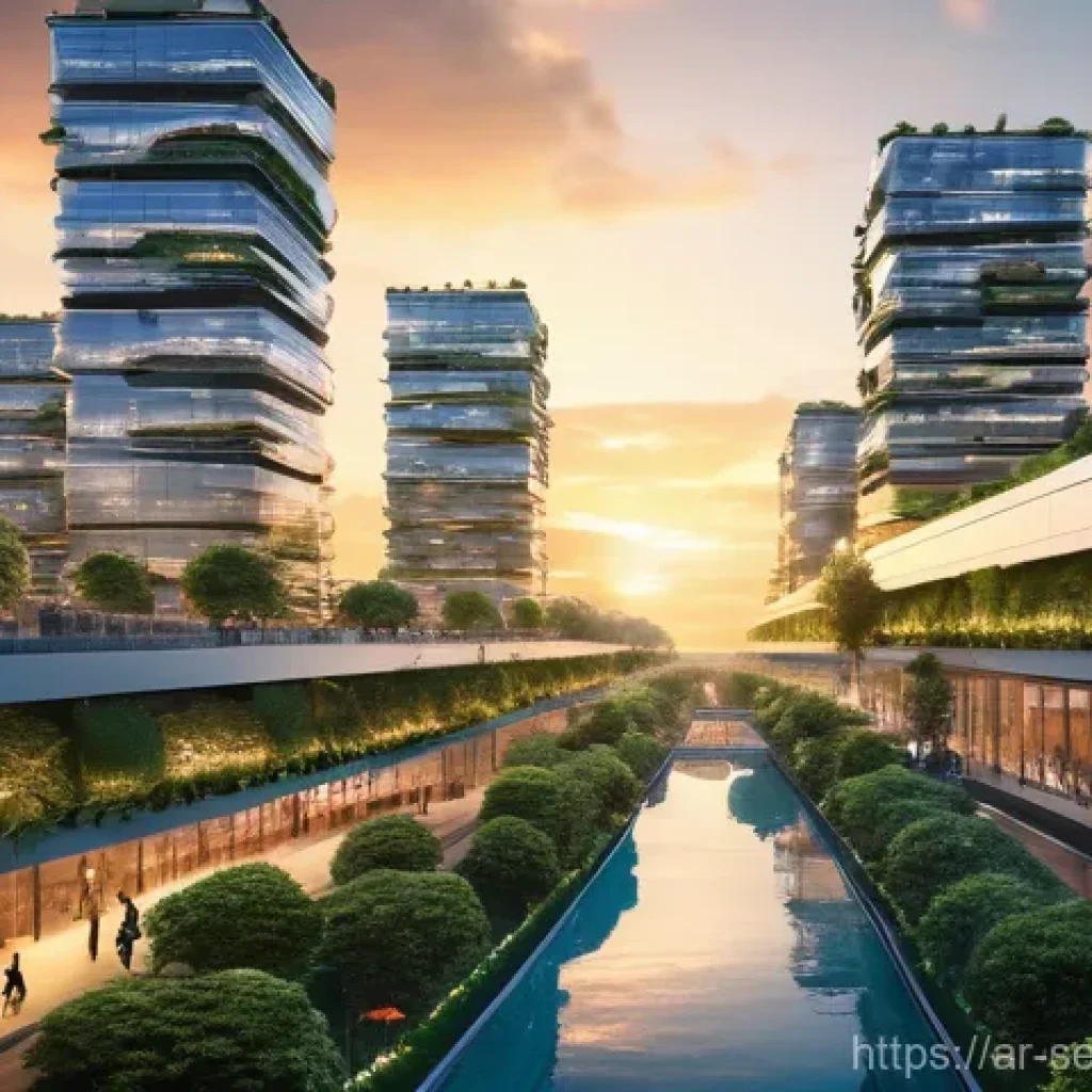 공간 AI 서비스의 최신 기술 동향 - A vibrant, futuristic smart city at sunset, showcasing sleek, eco-friendly skyscrapers intertwined w...