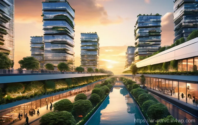 공간 AI 서비스의 최신 기술 동향 - A vibrant, futuristic smart city at sunset, showcasing sleek, eco-friendly skyscrapers intertwined w...