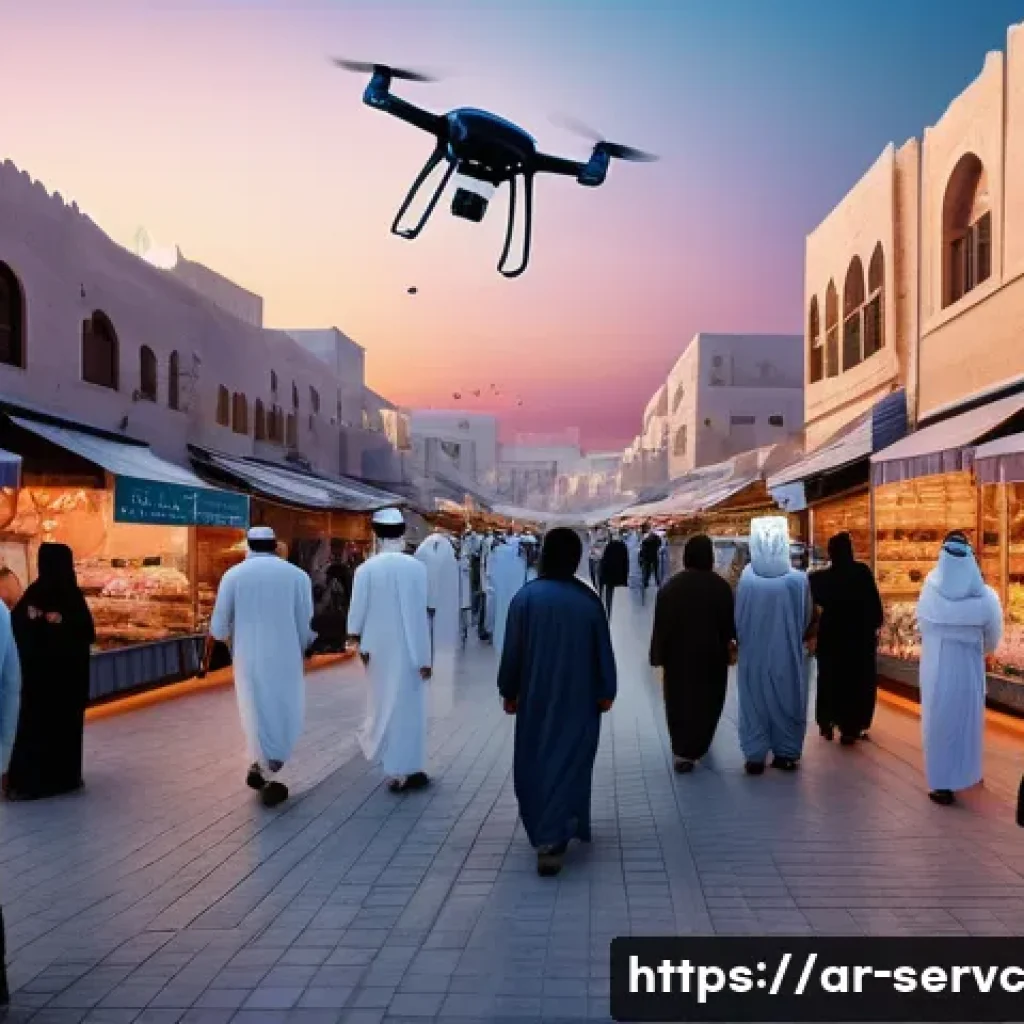 공간 AI 서비스의 시장 요구 사항 - A futuristic urban market scene in an Arabic city at dusk, showcasing advanced AI-powered drones and...