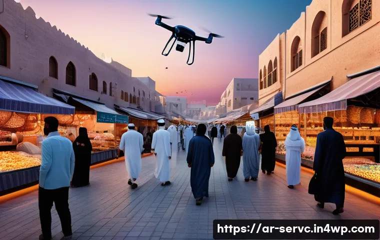 공간 AI 서비스의 시장 요구 사항 - A futuristic urban market scene in an Arabic city at dusk, showcasing advanced AI-powered drones and...