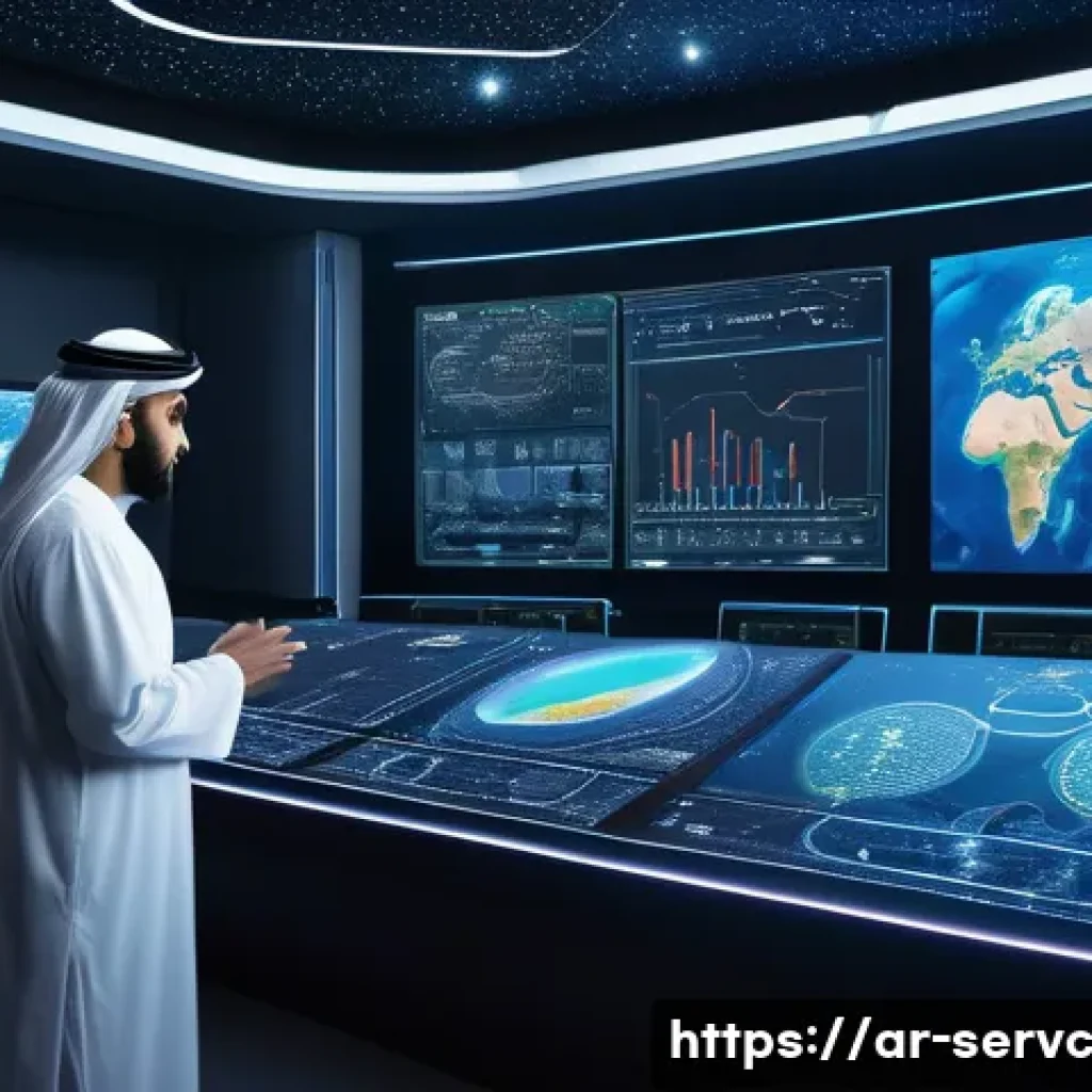 공간 AI 서비스의 글로벌 성공 사례 - A futuristic control room scene showcasing an Arabic scientist wearing a traditional thobe with a mo...
