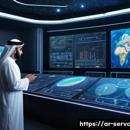 Home 33 공간 AI 서비스의 글로벌 성공 사례 - A futuristic control room scene showcasing an Arabic scientist wearing a traditional thobe with a mo...