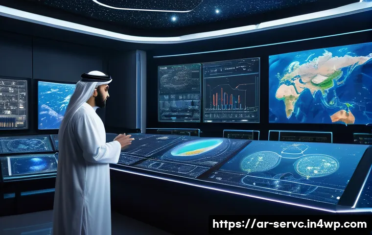 공간 AI 서비스의 글로벌 성공 사례 - A futuristic control room scene showcasing an Arabic scientist wearing a traditional thobe with a mo...