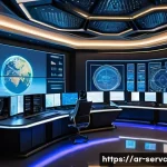 Home 20 공간 AI의 데이터 보안 문제 해결 방법 - A futuristic space control room featuring diverse Arab cybersecurity experts monitoring AI-driven sa...