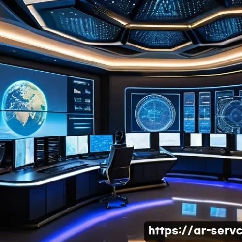 Home 32 공간 AI의 데이터 보안 문제 해결 방법 - A futuristic space control room featuring diverse Arab cybersecurity experts monitoring AI-driven sa...
