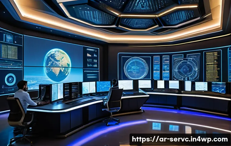 공간 AI의 데이터 보안 문제 해결 방법 - A futuristic space control room featuring diverse Arab cybersecurity experts monitoring AI-driven sa...