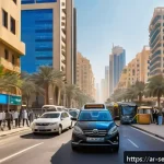 Home 19 공간 AI 서비스의 고객 사례 분석 - A bustling Middle Eastern city street scene during morning rush hour, showcasing a smart navigation ...