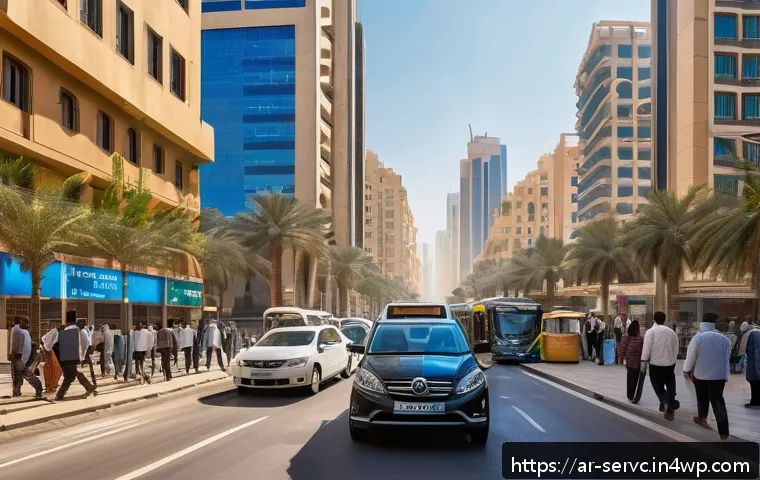 공간 AI 서비스의 고객 사례 분석 - A bustling Middle Eastern city street scene during morning rush hour, showcasing a smart navigation ...