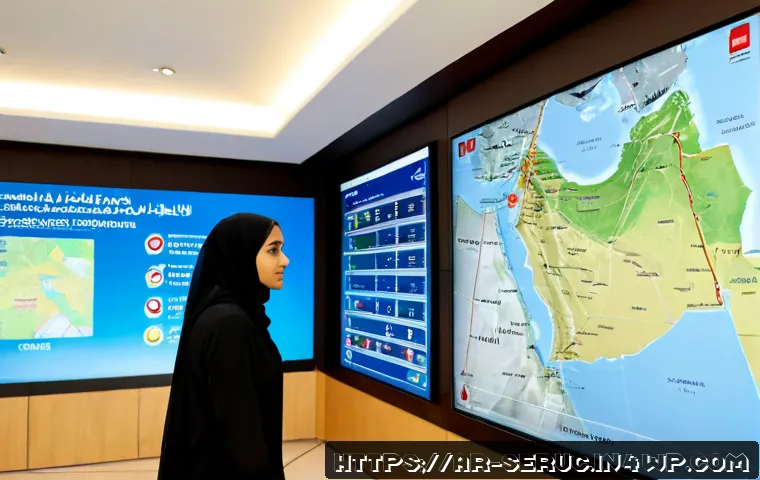 Home 17 AI 기술을 활용한 공간 안전 관리 - Photorealistic modern smart building lobby in a Gulf Arab city, an Arab female facilities manager in...
